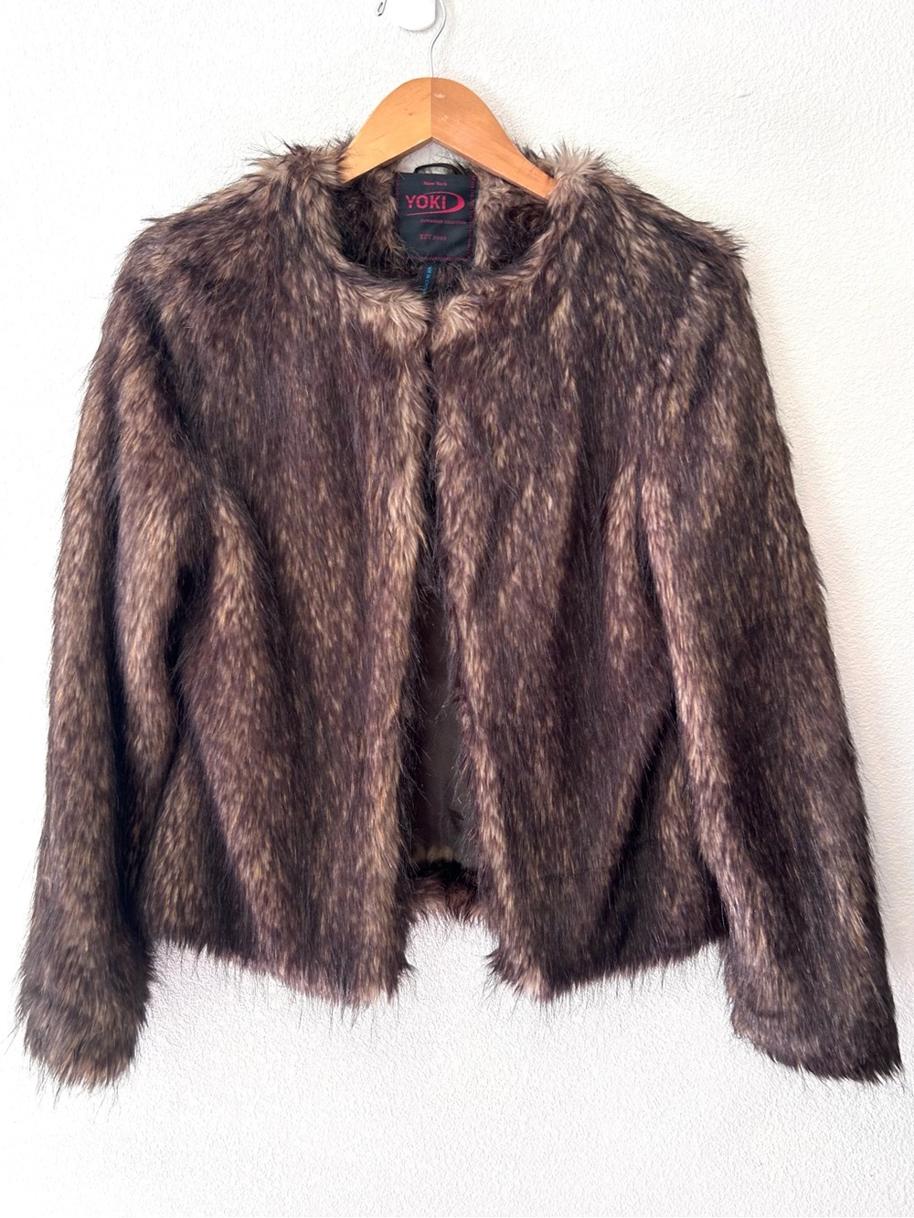 YOKI New York Brown Shaggy Faux Fur Crop Jacket Coat Luxury Y2K Glam Size M